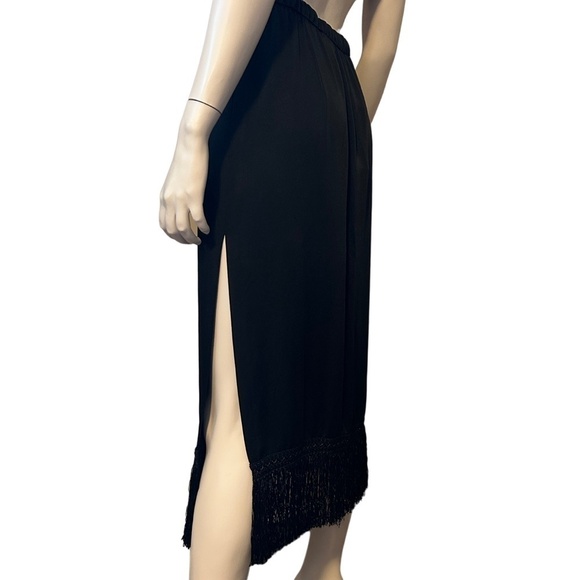 Zara Woman Black Satin Midi Skirt Fringe Tassel Hemline Pockets High Slit Leg - Picture 10 of 15